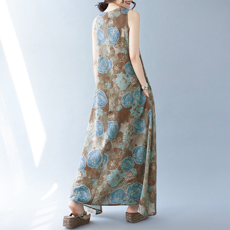 Real shot 2025 summer new bohemian literary loose round neck print sleeveless dress women's medium and long