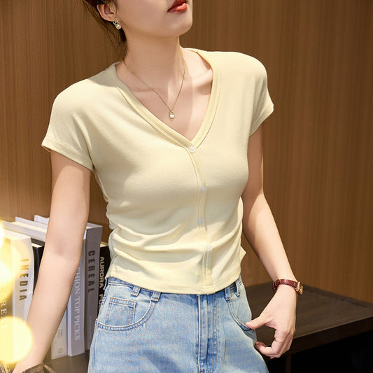 #Blended Light Modal Cotton Skin-friendly and Soft #Button Pleated Waist V-Neck T-Shirt Women's Summer Short Sleeve Thin Top