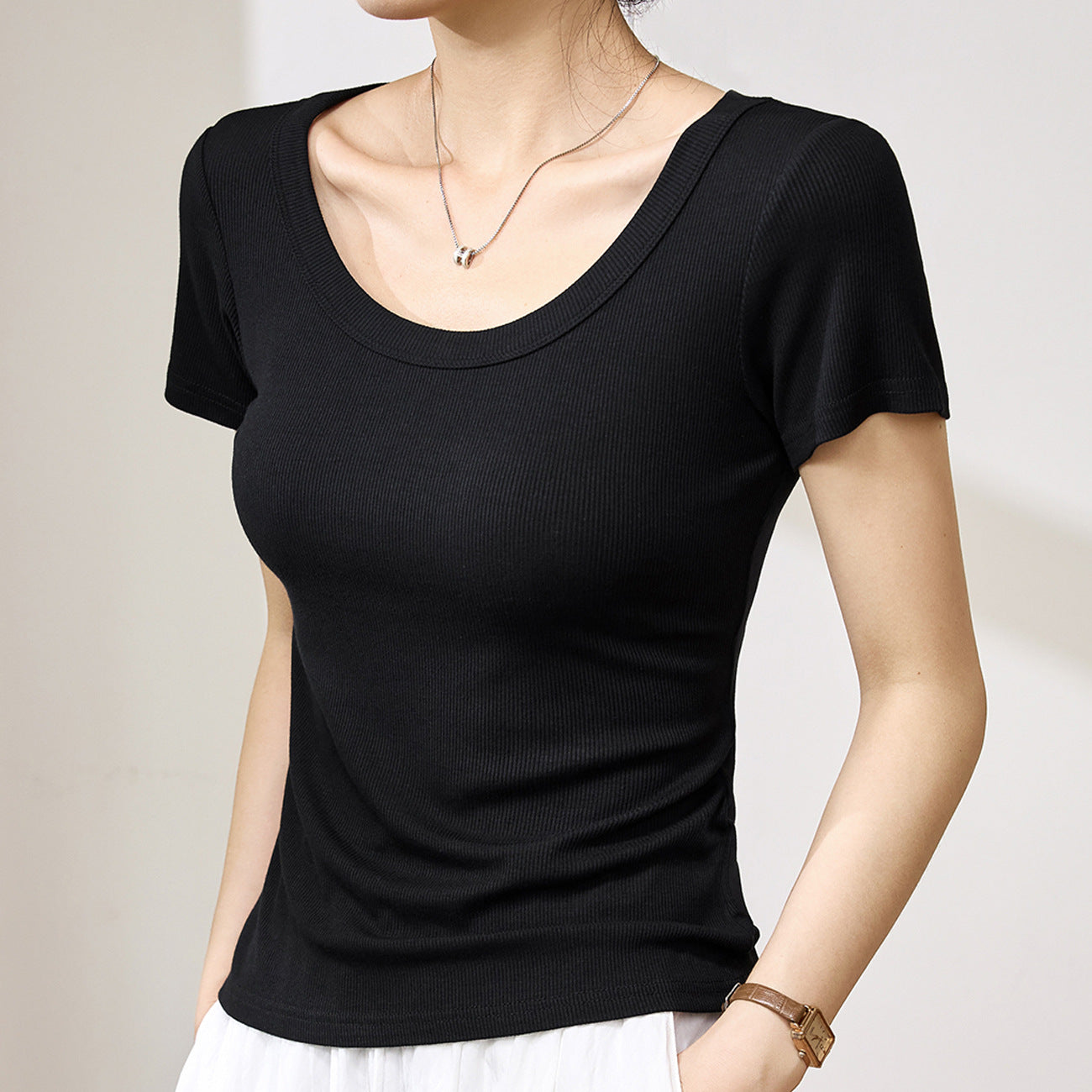 High elastic threaded cotton U-neck T-shirt women's short-sleeved 2026 summer new thin high-end versatile top front shoulder bottoming shirt