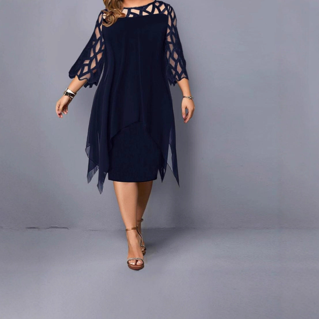2025 Amazon AliExpress European and American lace splicing seven-quarter sleeve irregular hem chiffon dress spot