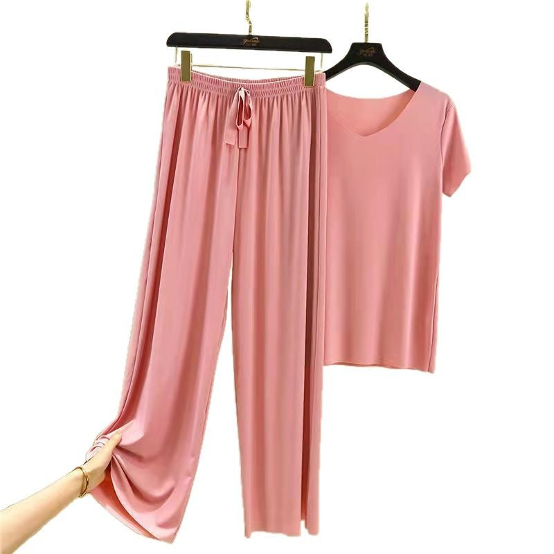 Amazon spring and summer two-piece suit can be worn outside V-neck short-sleeved T-shirt thin solid color loungewear loose wide-leg pants