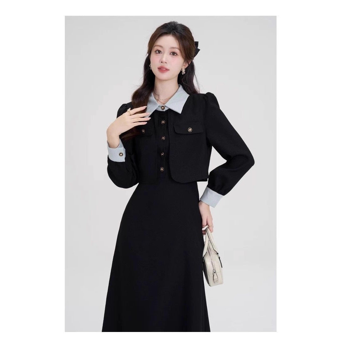 French fake two-piece temperament high-end black long-sleeved large size fat mm2025 autumn and winter women's clothing waist dress