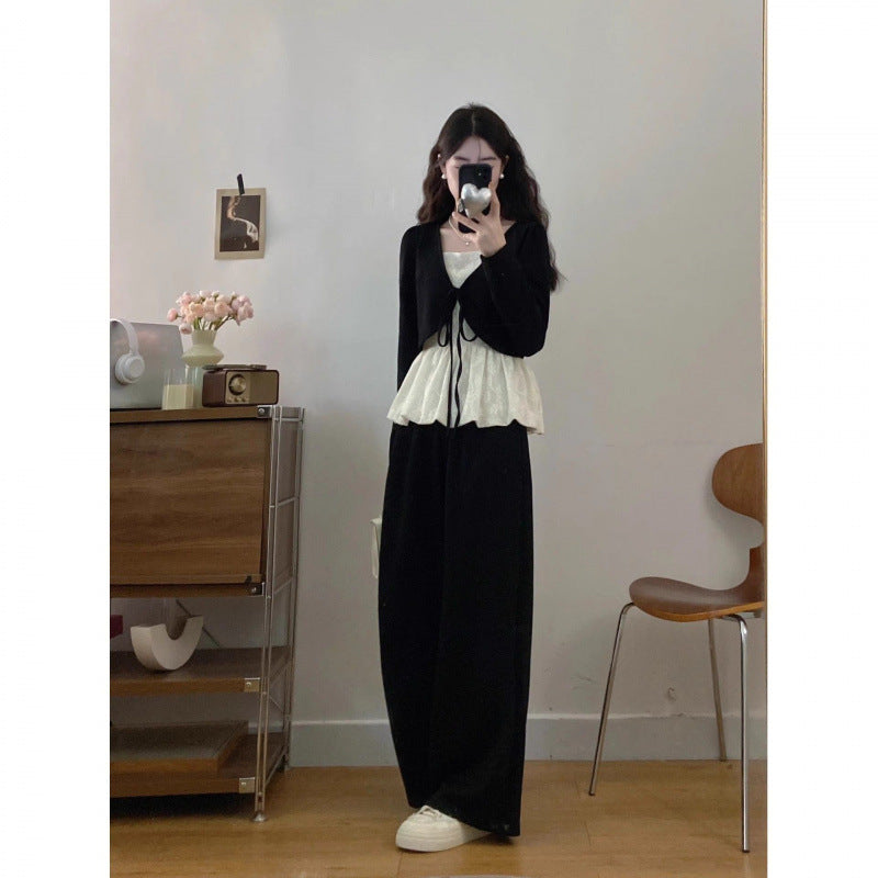 Fat MM plus-size new temperament gentle wind lace spliced strappy top + high-waisted flesh-covering skirt two-piece set