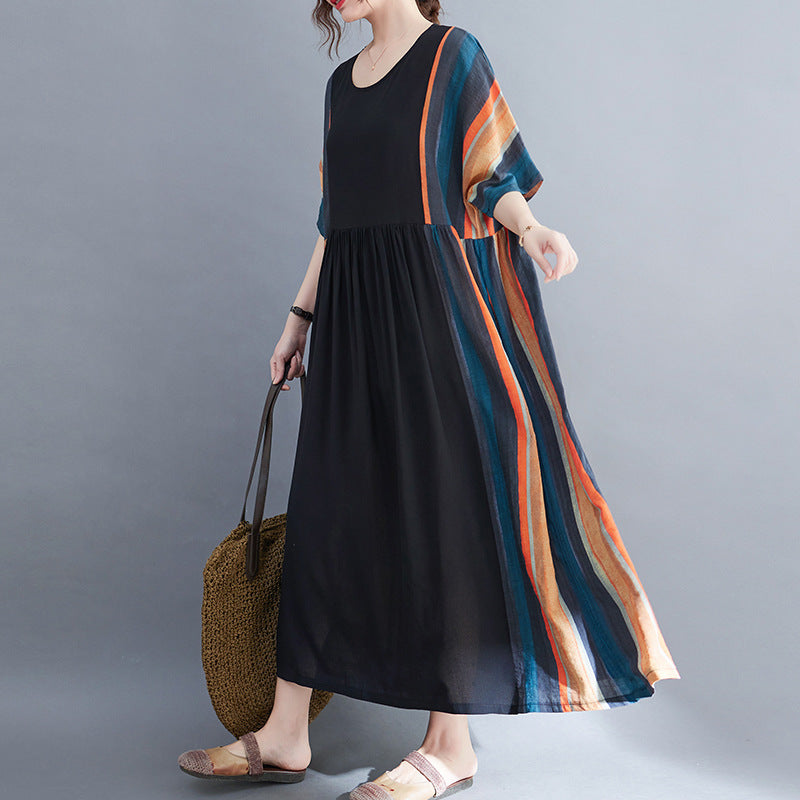 Real shot 2024 summer new literary large size loose striped cotton and linen short-sleeved dress women's long dress 6181 #