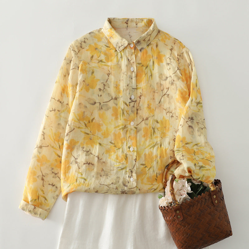 Real shot 2025 autumn new yellow floral French literary loose printing shirt top women