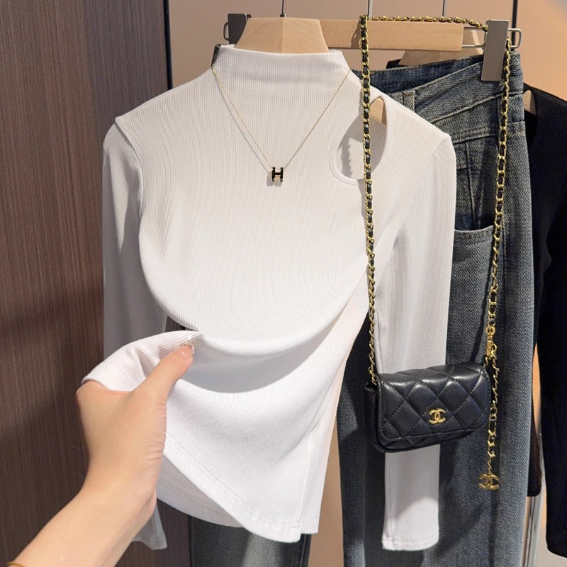 Dark gray hollowed-out semi-turtleneck five-quarter-sleeved t-shirt bottoming shirt women's spring and autumn Korean version versatile design medium-sleeved top