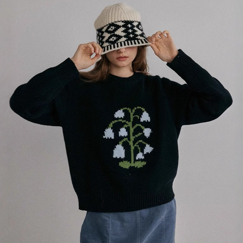 Thick needle round neck lily of the valley jacquard knitted sweater women's autumn and winter new fashion versatile casual top