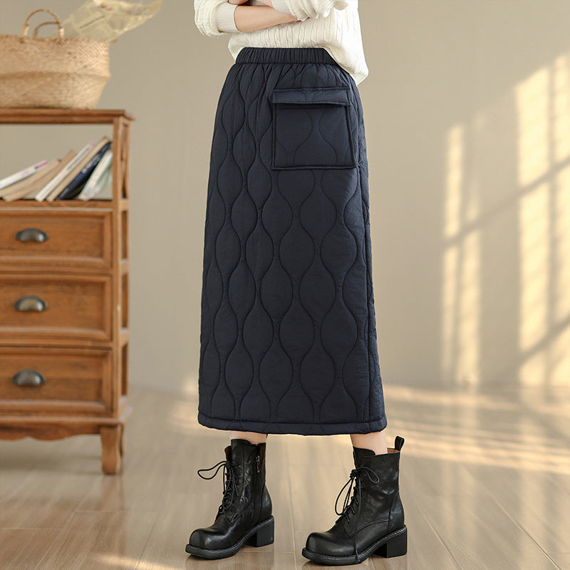 Down cotton skirt women's winter 2025 thickened warm medium and long cotton-padded hip skirt with split ends and one step straight
