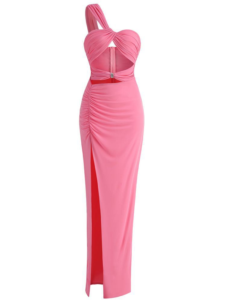 Cross-border women's off-the-shoulder kinked chest-wrapped dress women's high split solid color evening banquet dress skirt elegant temperament