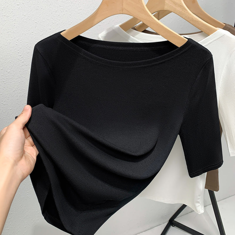 Medium-sleeved t-shirt women's 2025 new women's clothing solid-color threaded half-sleeved t-shirt temperament one-word shoulder elastic waist top