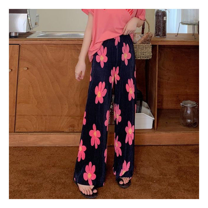 Korean version of women's clothing colored flower printing wide-leg pants high waist drape and thin straight pleated casual pants mosquito-proof wholesale