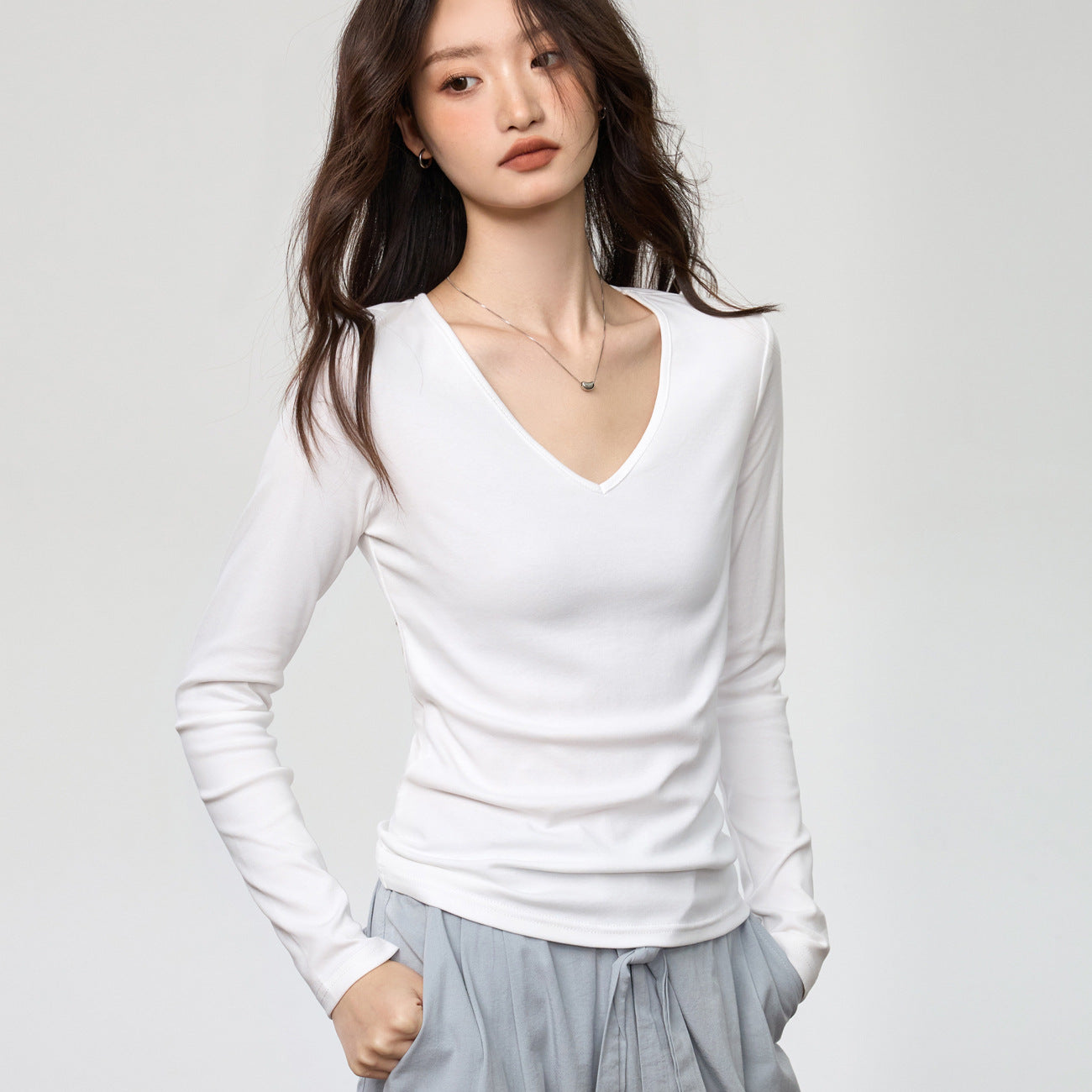#40支精梳纯棉#软糯亲肤百搭V领新款修身显瘦长袖t恤女打底衫上衣