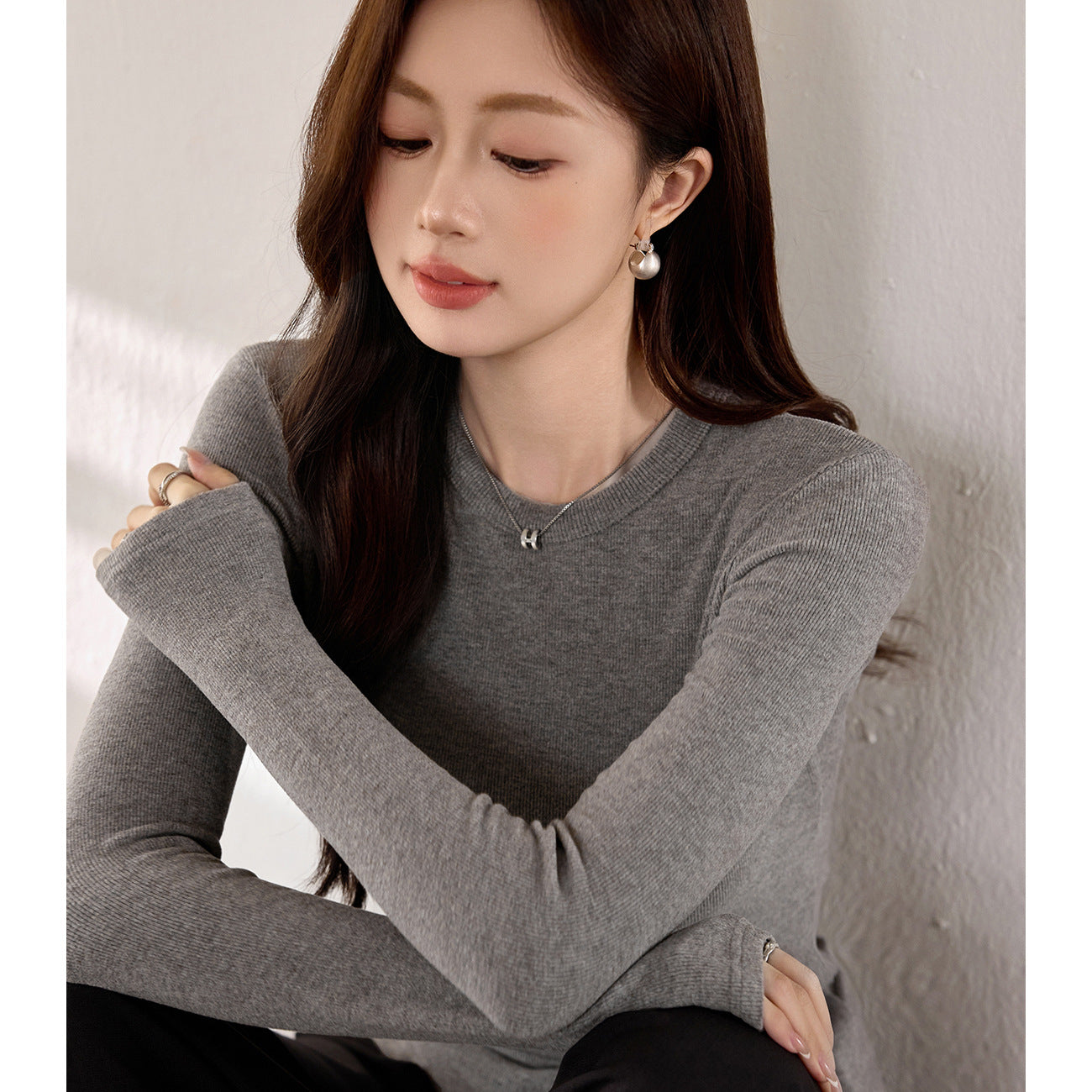 #Double-sided grinding #Boutique mousse cashmere soft waxy T-shirt women's long-sleeved 2026 autumn and winter new inner bottoming shirt