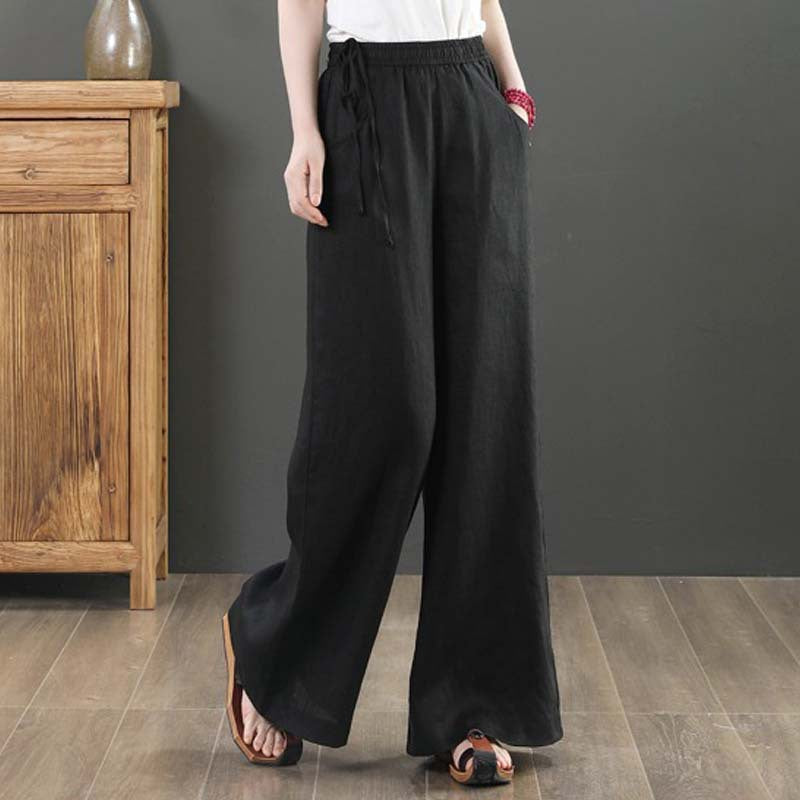 2025 summer new literary loose solid color cotton and linen elastic waist wide-leg pants trousers women's casual pants #9793 #