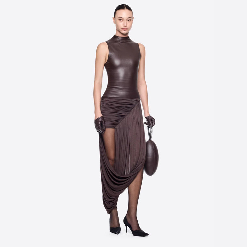 Cross-border European and American fashion personalized party evening dress slim temperament leather hip spice sleeveless banquet dress