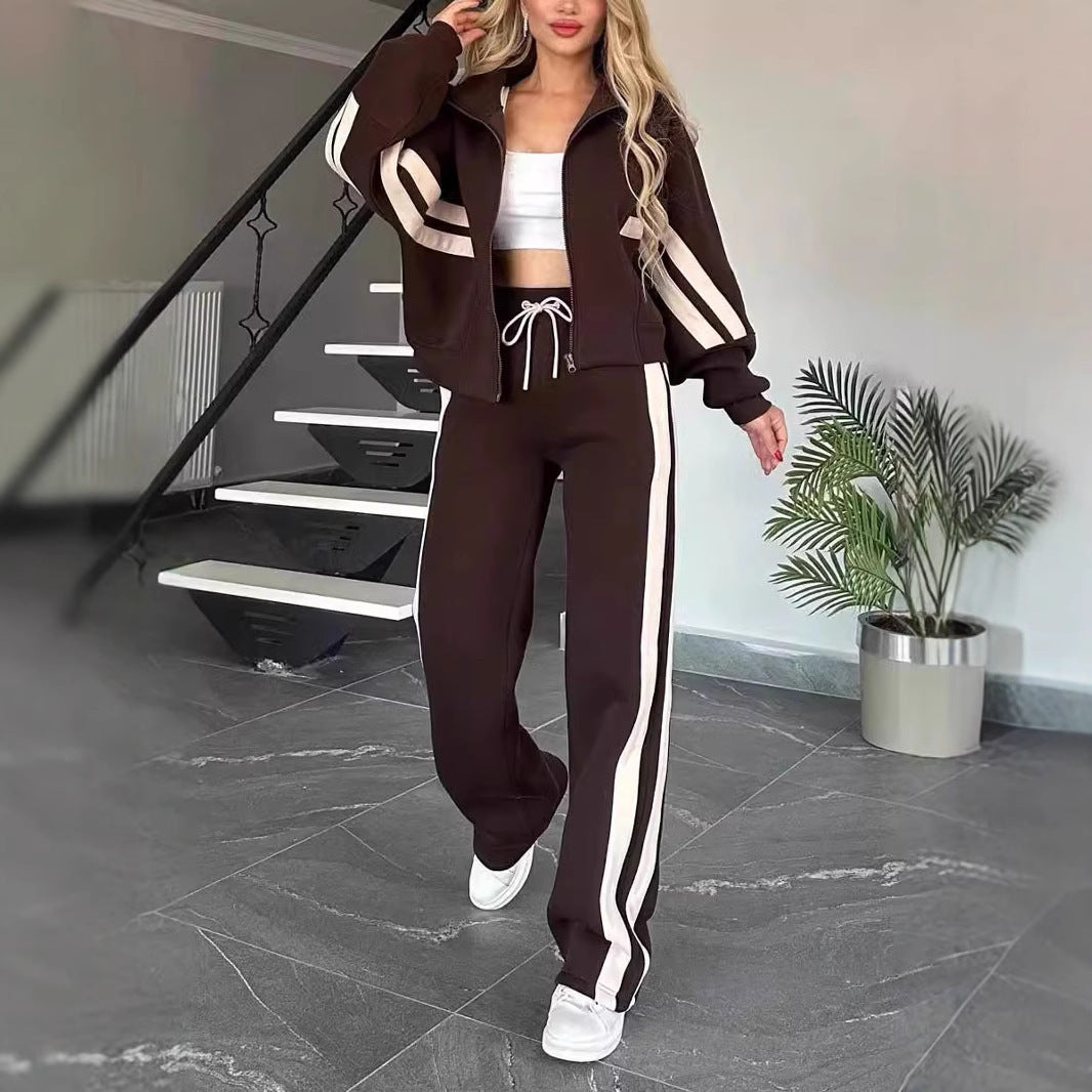 2025 European and American cross-border Amazon autumn foreign trade Y2K striped zipper top jacket casual sports suit women