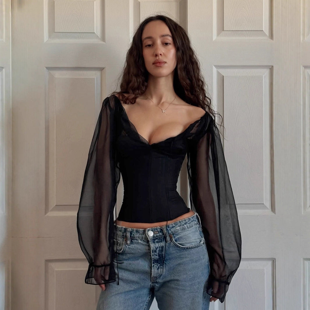 Niche design sense European and American temperament chiffon lantern sleeve top deep V-neck sexy waist short long-sleeved shirt women