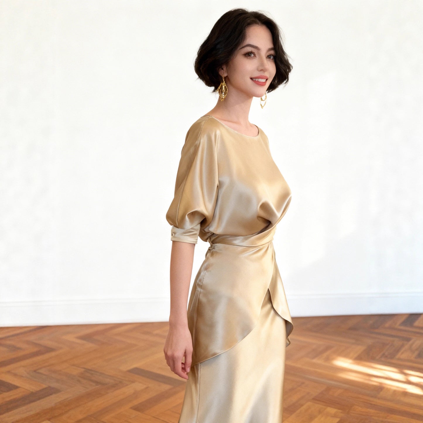 Haute couture imported acetate champagne set women's spring and autumn satin elegant top mermaid skirt temperament two-piece set