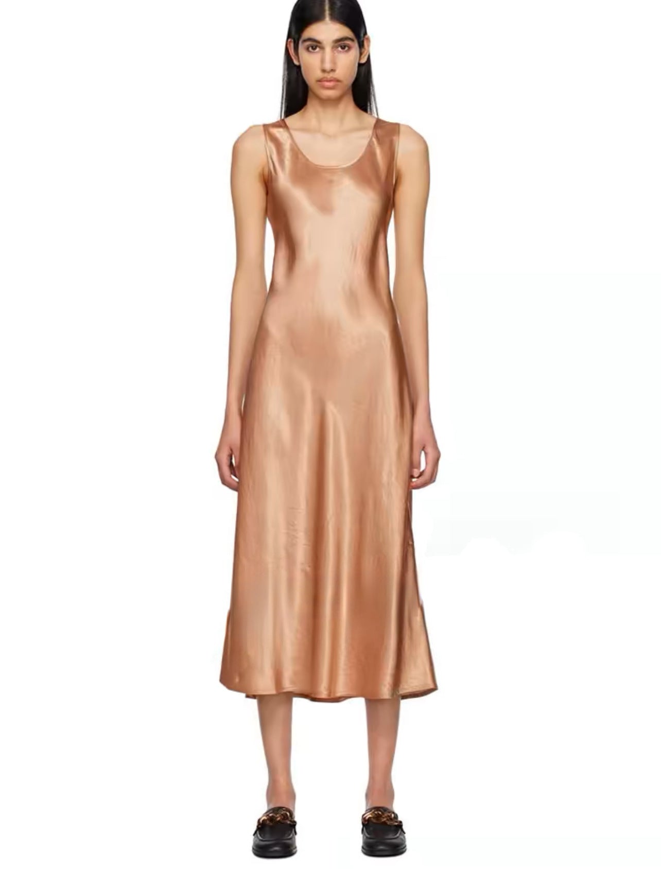 Oblique cut 100% acetic acid pleated silk A-word vest dress women's autumn small satin sleeveless vest long dress