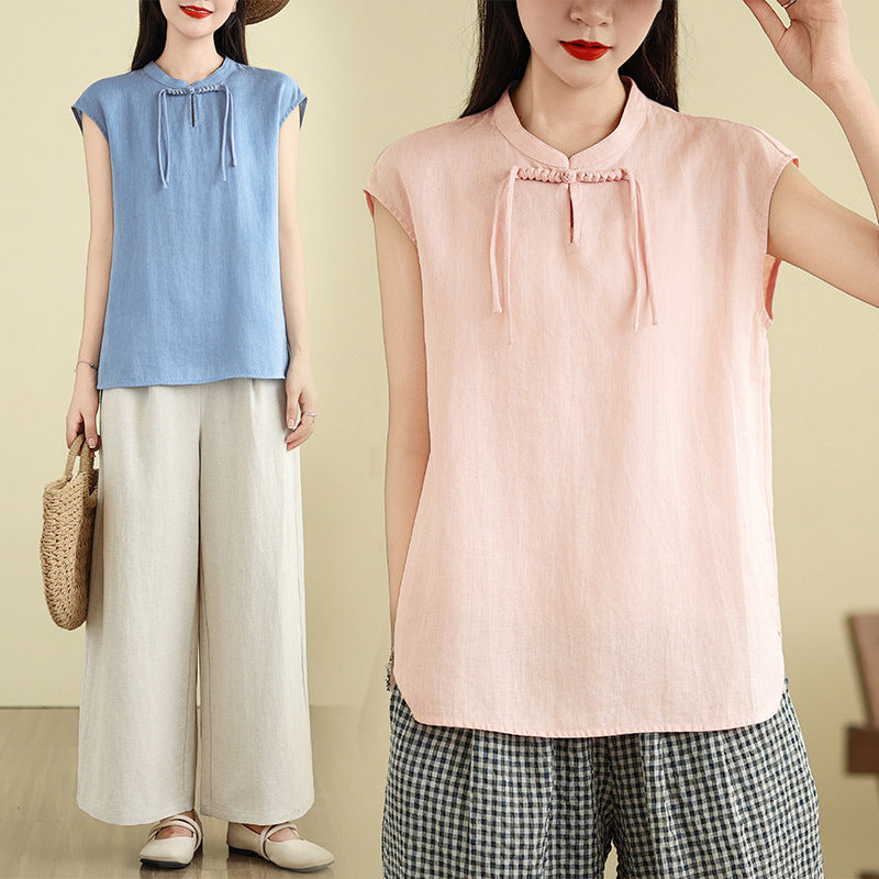 Real shot 2025 summer new literary loose solid color stand-up collar buckle pullover short-sleeved T-shirt women's top #759