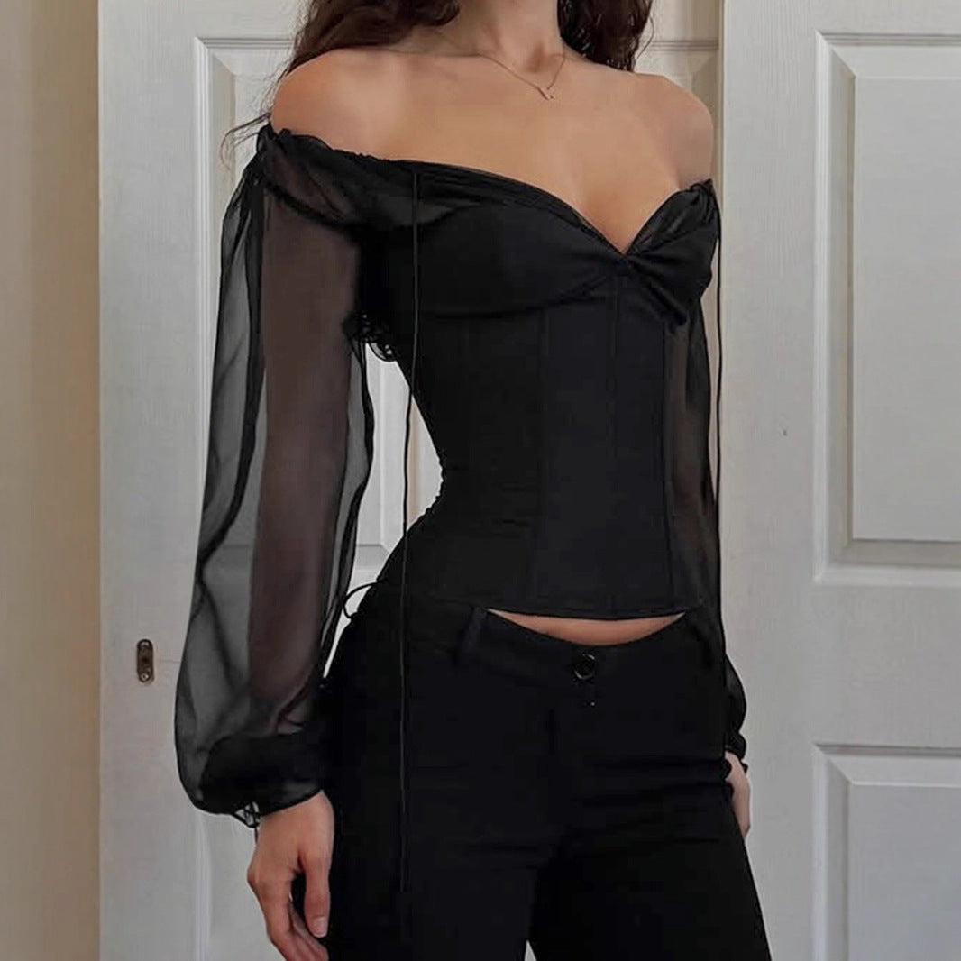 Niche design sense European and American temperament chiffon lantern sleeve top deep V-neck sexy waist short long-sleeved shirt women