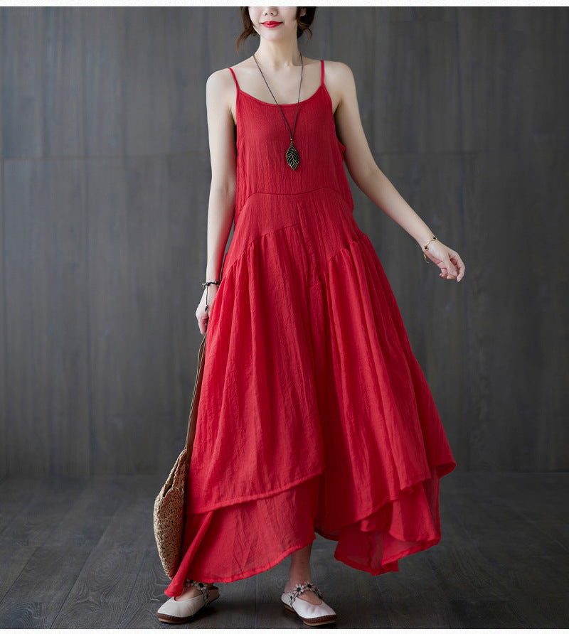 Real shot 2025 summer new literary large size loose solid color suspender dress women's irregular long dress 8237 #