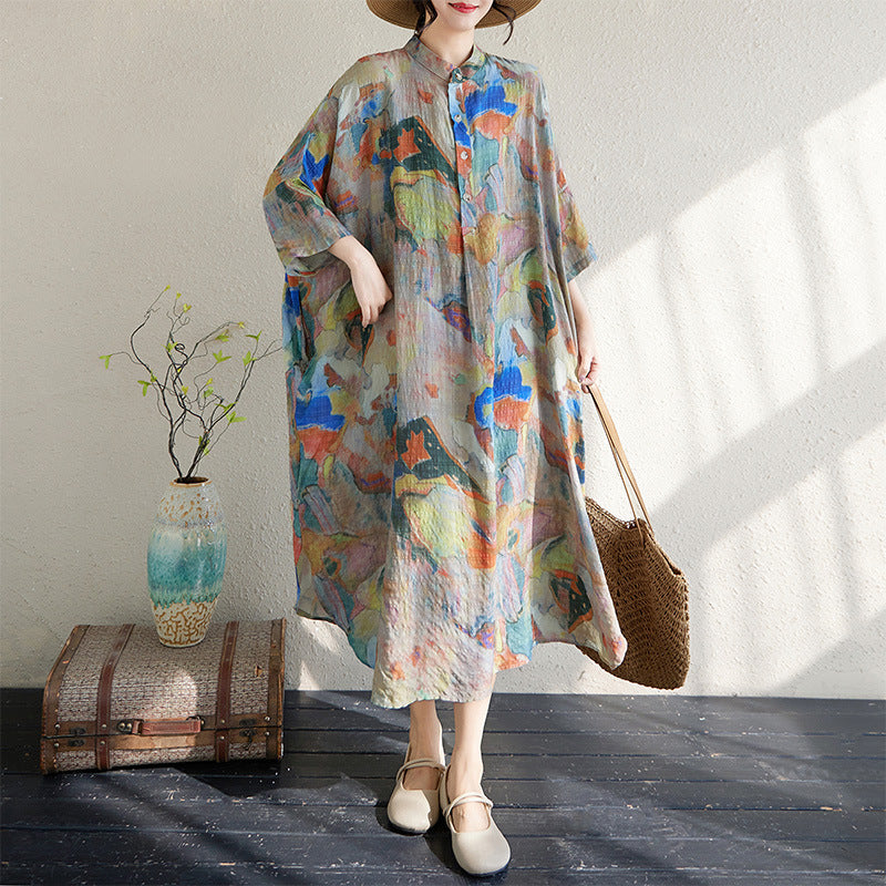 Real shot 2025 summer new literary large size loose printing stand-up collar seven-quarter sleeve dress women's long dress 2229