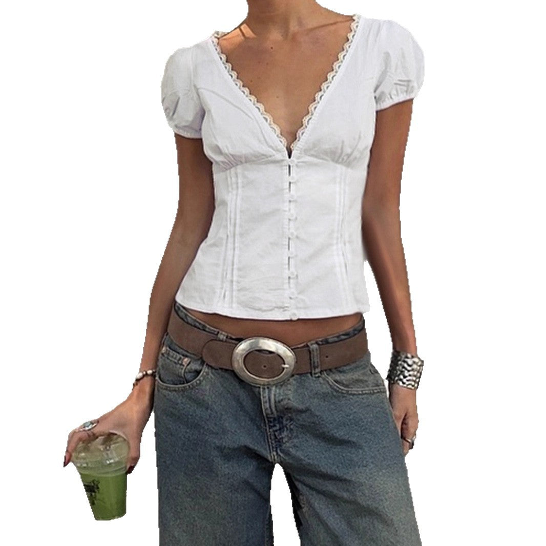 European and American light and mature style V-neck lace design single-breasted short-sleeved temperament slim and thin short bubble sleeve top T-shirt