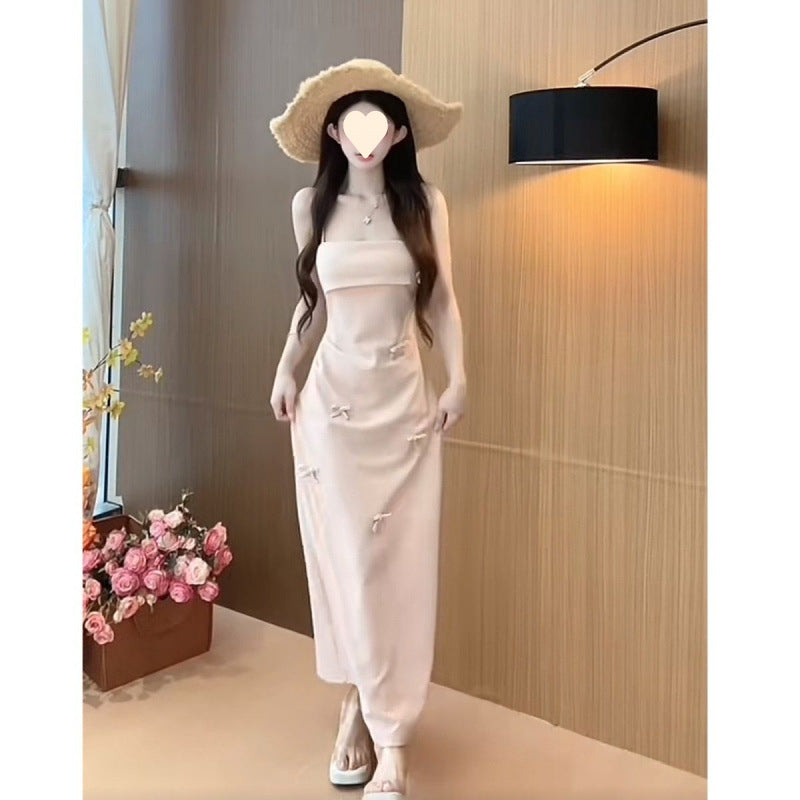 Sweet and cool pink three-dimensional bow suspender tube top dress women's spring and summer spice girls close waist and look thin skirt tide