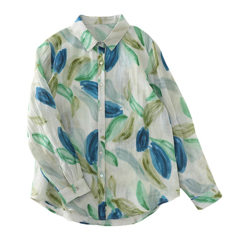 Real shot 2025 spring thin blue-green ink splashing printing French fresh shirt top women #1080