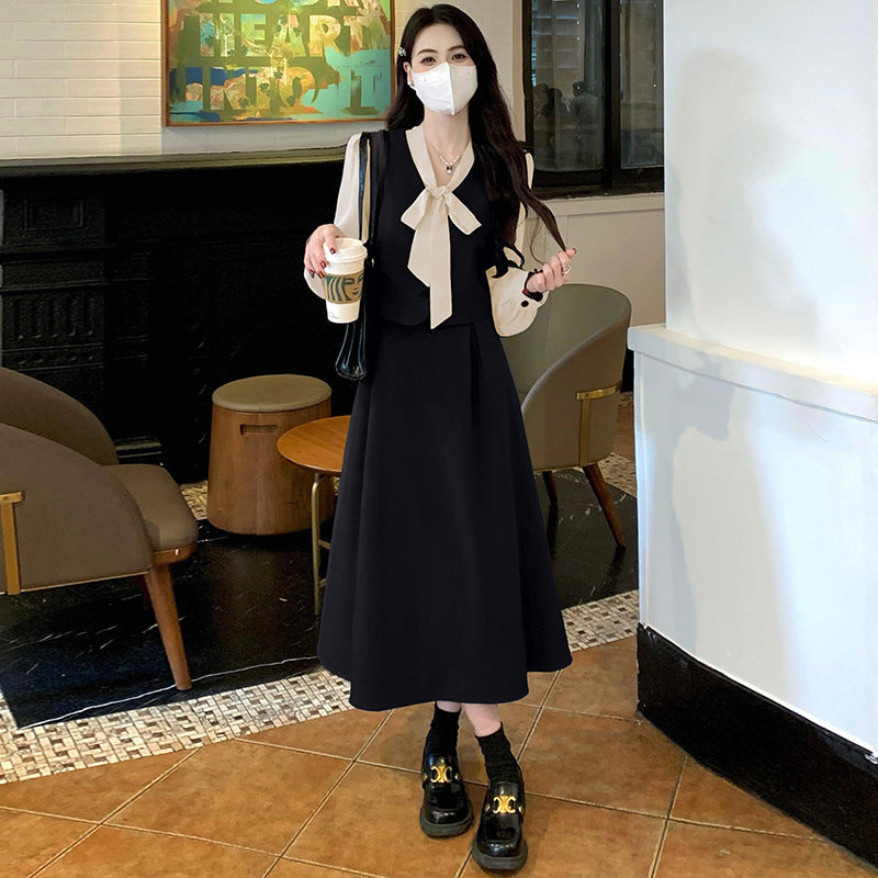 2026 autumn large size women's clothing fat mm thin belly cover dress new foreign style fashion Korean version splicing fake two pieces