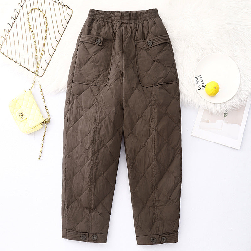 Real shot 2025 winter new literary solid color rhombus pocket thin thermal casual pants outer wear women