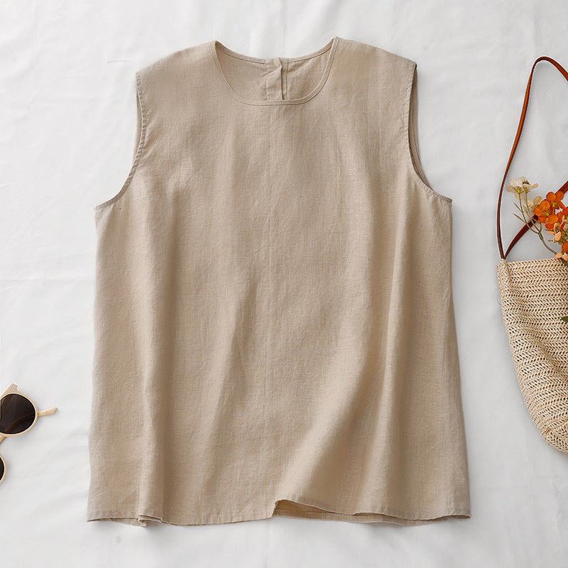Real shot 2025 summer new literary loose solid color cotton and linen round neck sleeveless T-shirt women's vest top #9023