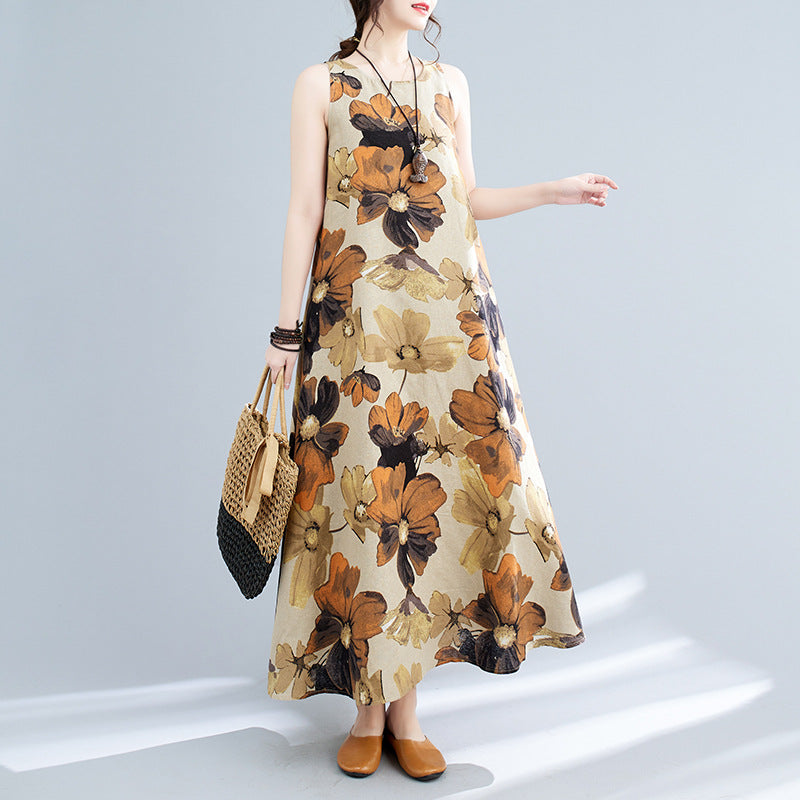 Real shot 2025 summer new literary loose cotton and linen printing round neck sleeveless dress women's medium and long 8601 #