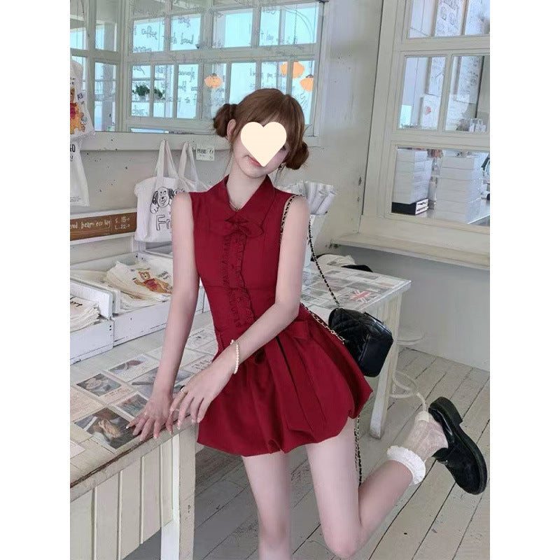 French small man, sweet temperament, high-end cherries, red rabbit ears, shirt collar, lace-up bud dress, women's summer