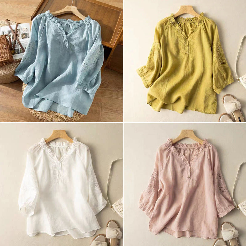2025 summer new literary loose embroidery flower cotton and linen V-neck seven-quarter sleeve T-shirt women's shirt top #6082