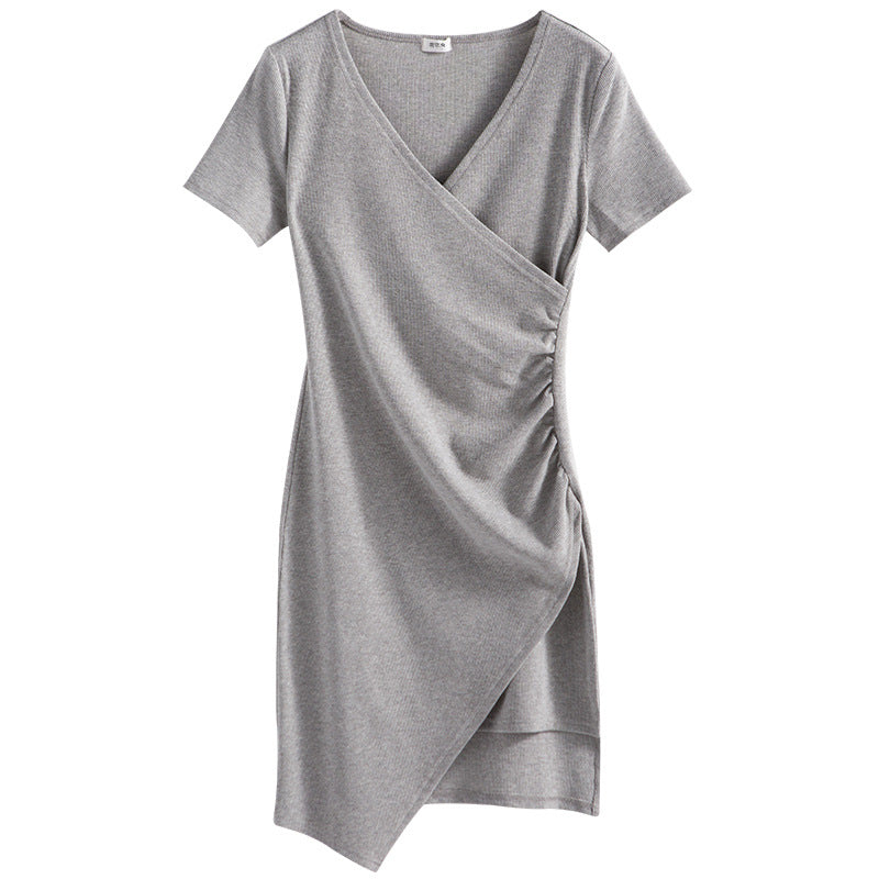 French irregular dress women's summer slim skirt 2026 new threaded cotton split-ended small black dress solid color top