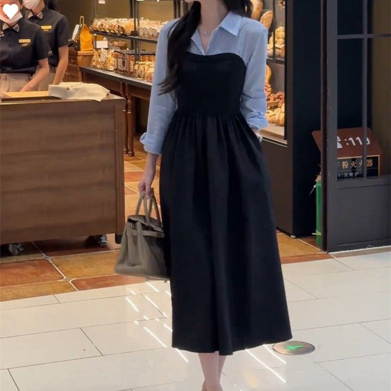 Large size early autumn new women's clothing fake two-piece shirt black long-sleeved dress, high-end matching, a complete set