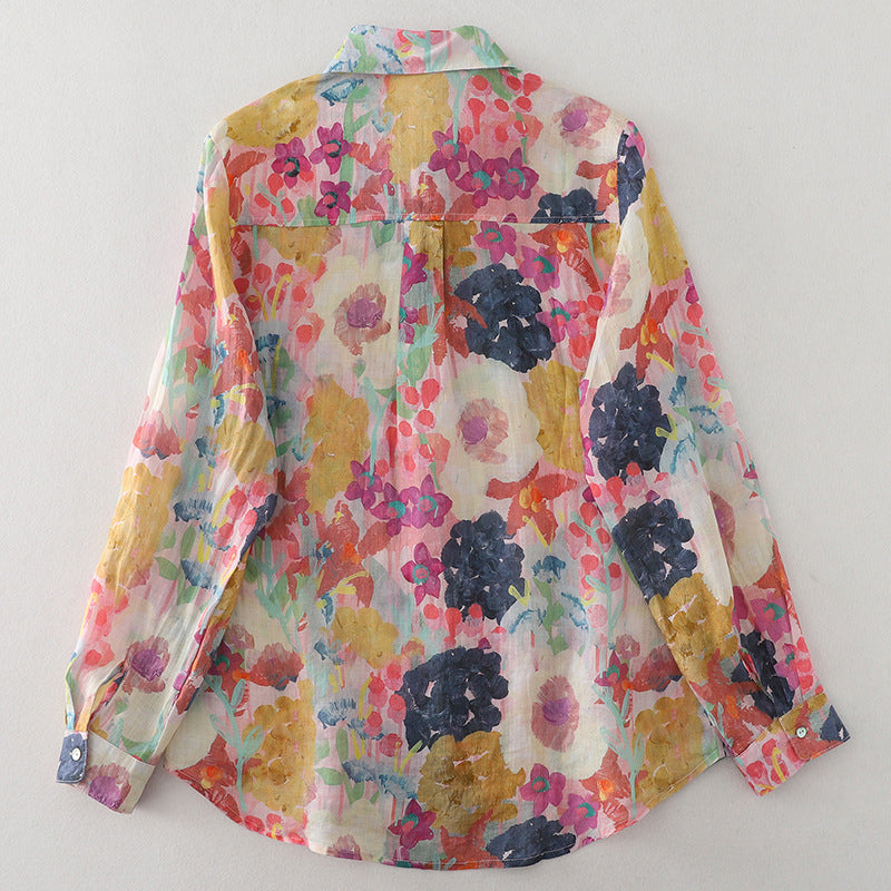 Real shot Spring 2025 new cotton and linen floral French niche printing long-sleeved shirt blouse #1077