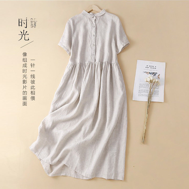 Real shot 2025 summer new literary loose splicing solid color cotton and linen short-sleeved dress women's medium and long shirt skirt
