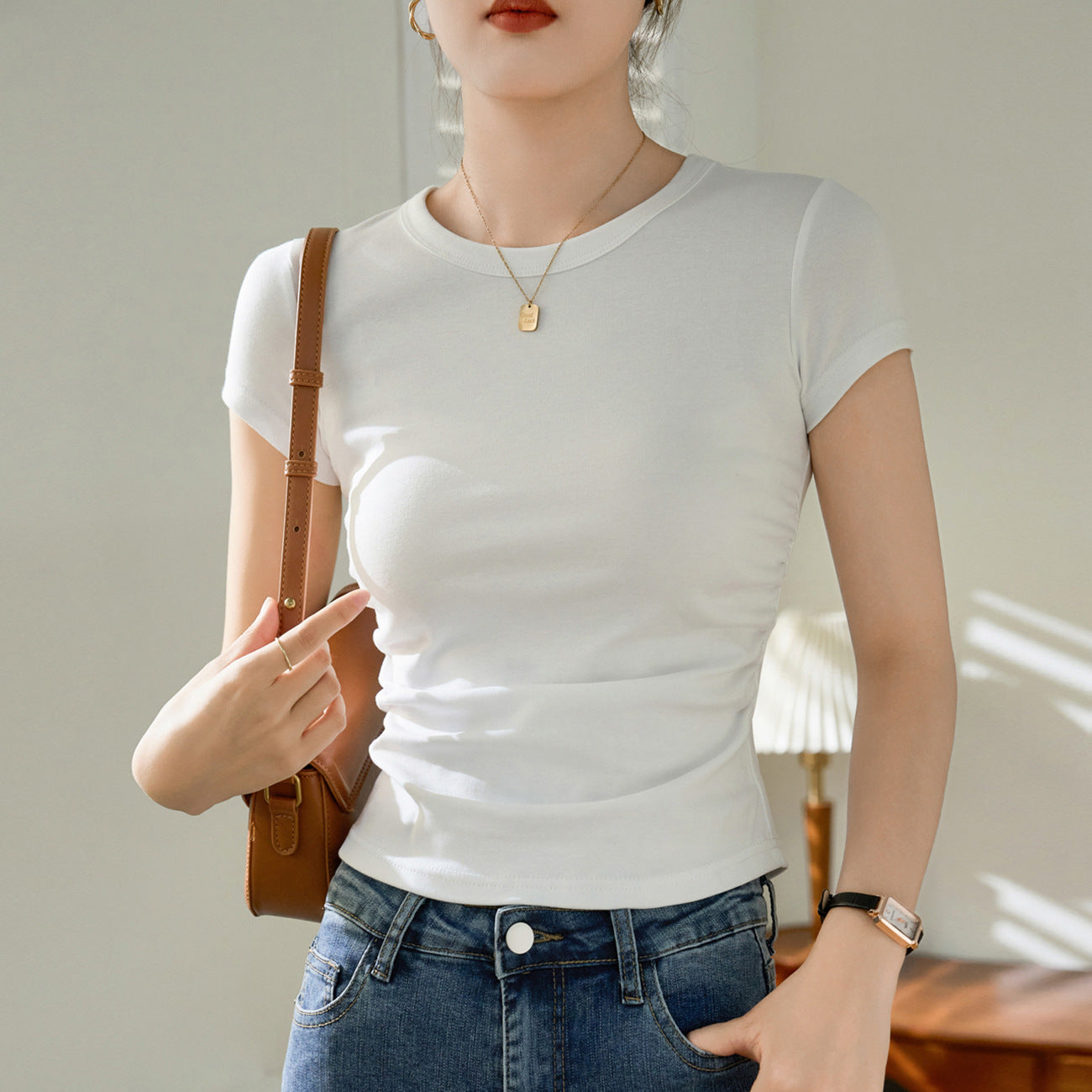 [Selection of cotton] Pleated waist pure cotton T-shirt women's summer short sleeves 2026 new waist short thin bottoming shirt