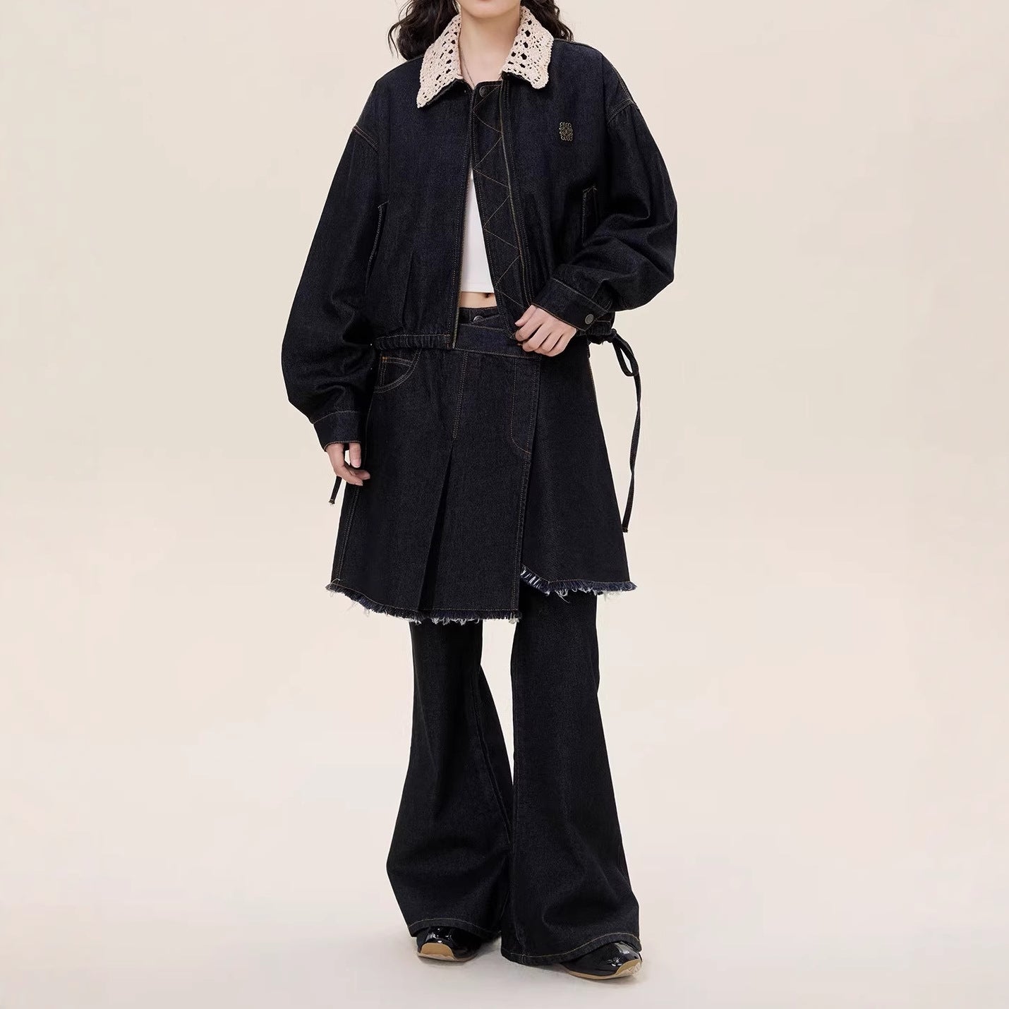 Bud hem detachable knitted collar denim jacket romantic lace daughter wind 25 autumn