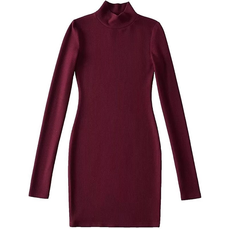 Autumn and winter new pure desire style sexy high neck tight slim long sleeve base slim dress hip-hugging short skirt for women