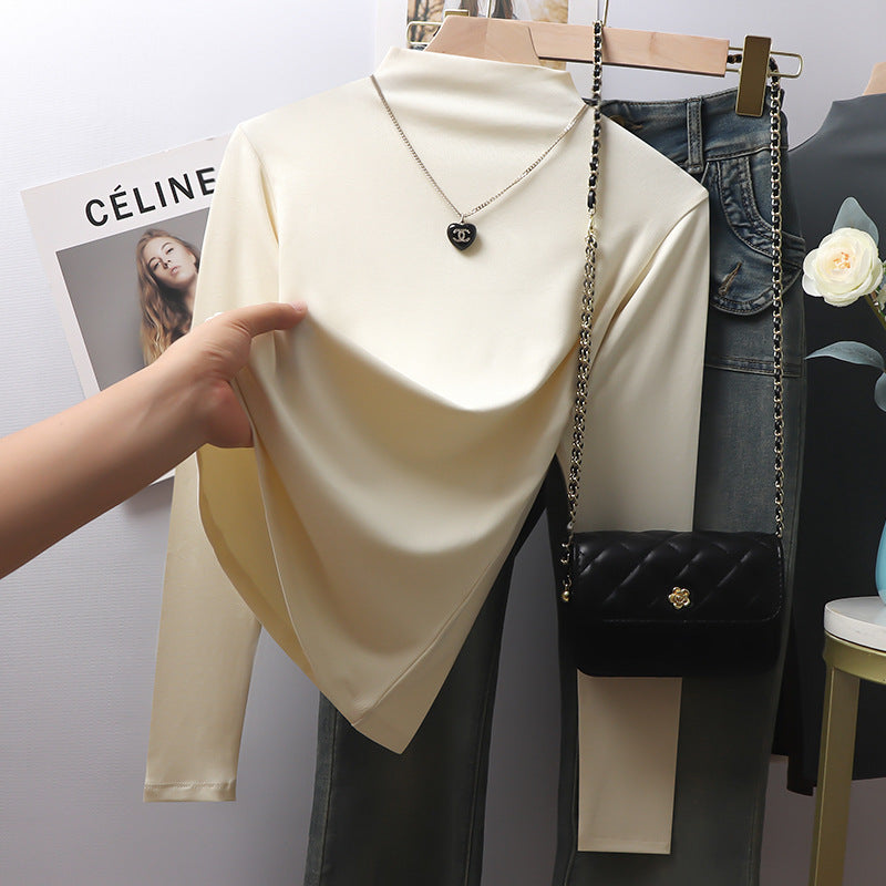 Grey threaded collar long-sleeved bottoming shirt for women's autumn and winter, with fleece, thickened and warm, this year's popular beautiful tops