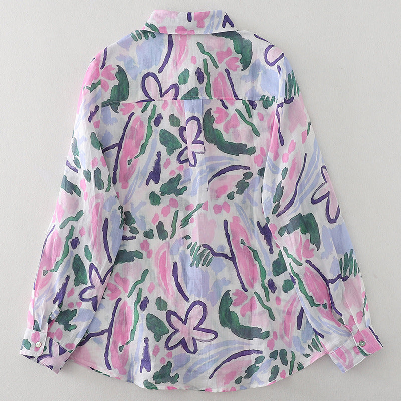 Real shot 2025 spring new color ink color printing light and breathable long-sleeved shirt top women #1079