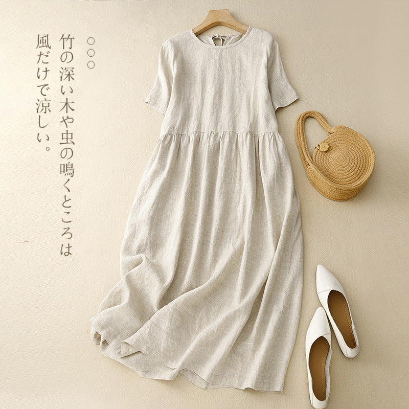Real shot 2025 summer new literary loose solid color cotton and linen round neck short-sleeved dress women's medium and long #8802