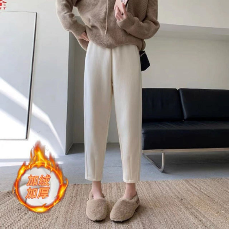 Off-white casual pants women's 2025 new autumn and winter high-waisted velvet fat mm radish pants are thin Harlan grandma pants