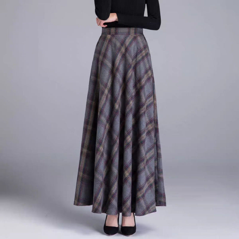 2025 autumn and winter women's new plaid woolen skirt women's high-waisted A-shaped long skirt big swing skirt umbrella skirt