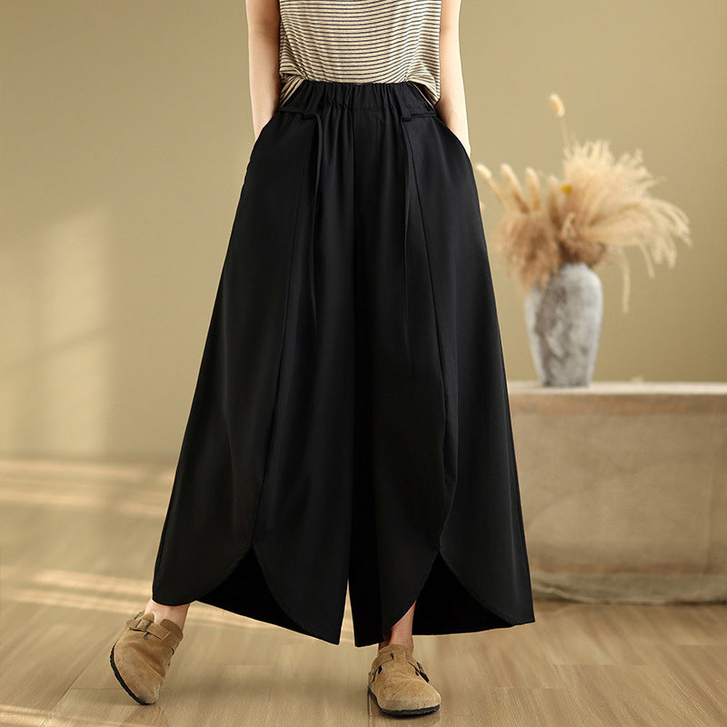 Real shot 2025 summer new casual large size loose solid color elastic waist wide leg pants nine-point pants women #9062