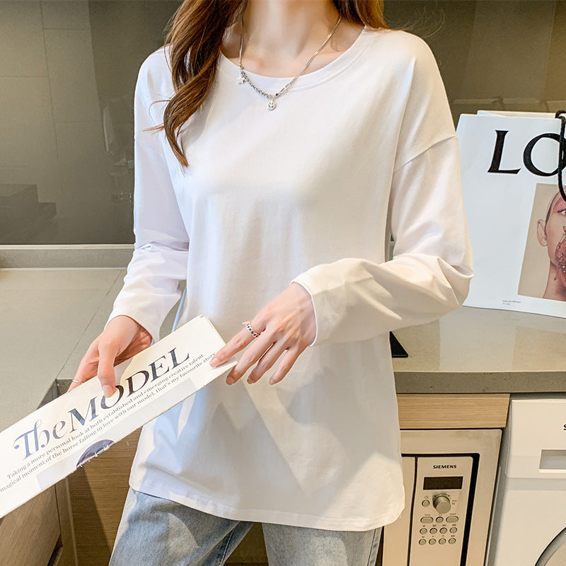 Cotton slit mid-length loose long-sleeved T-shirt base shirt women's crew neck spring and autumn new inner top
